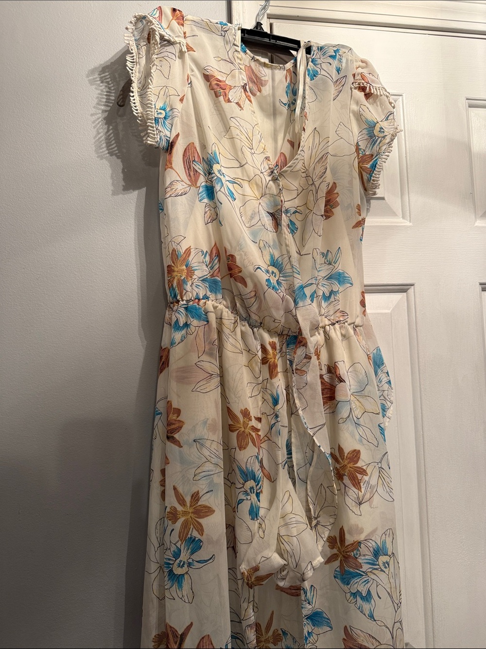 Cream Floral Wrap Dress with Blue and Brown Blooms